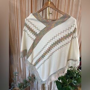 Vintage Style Acrylic Poncho with Fringe and Zigzag Pattern 1970s vibes pastels